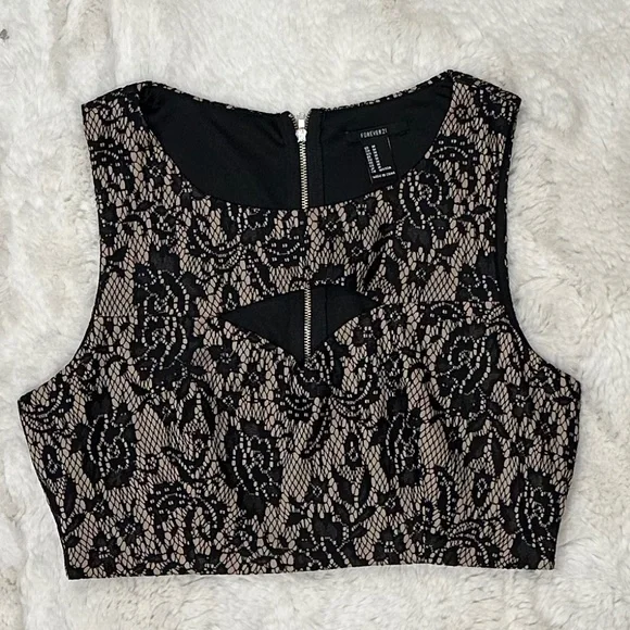 Forever 21 Women's SEXY Medium Floral Lace Zip Up FITTED HALF TOP Sleeveless - Picture 1 of 2